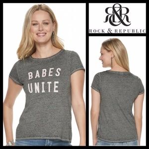 Rock & Republic Babes Unite Gray Tee NWT